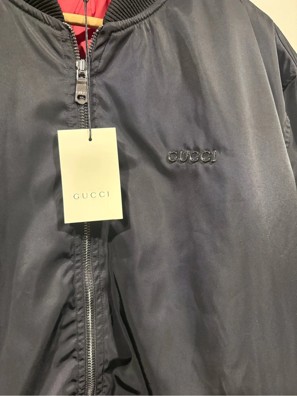 Gucci Black Men's Nylon Canvas Bomber Jacket with Red Lining 1:1